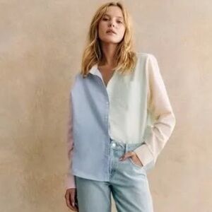 Sezane Tomboy Colorblock Button-Down Shirt in Light Blue, Cream & Pale Pink